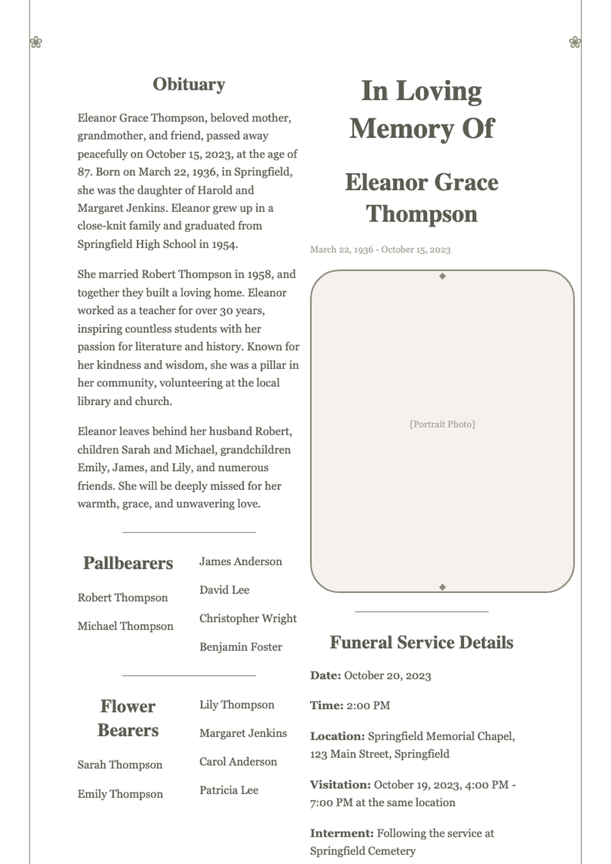 Elegant funeral program with floral borders and obituary details_variant_2